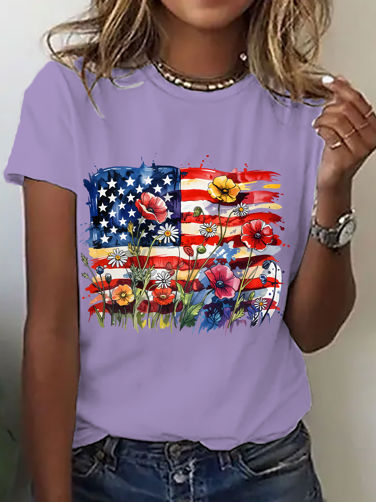 American Flag Floral Cotton T-Shirt