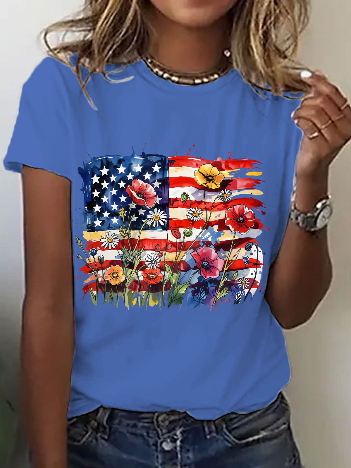 American Flag Floral Cotton T-Shirt