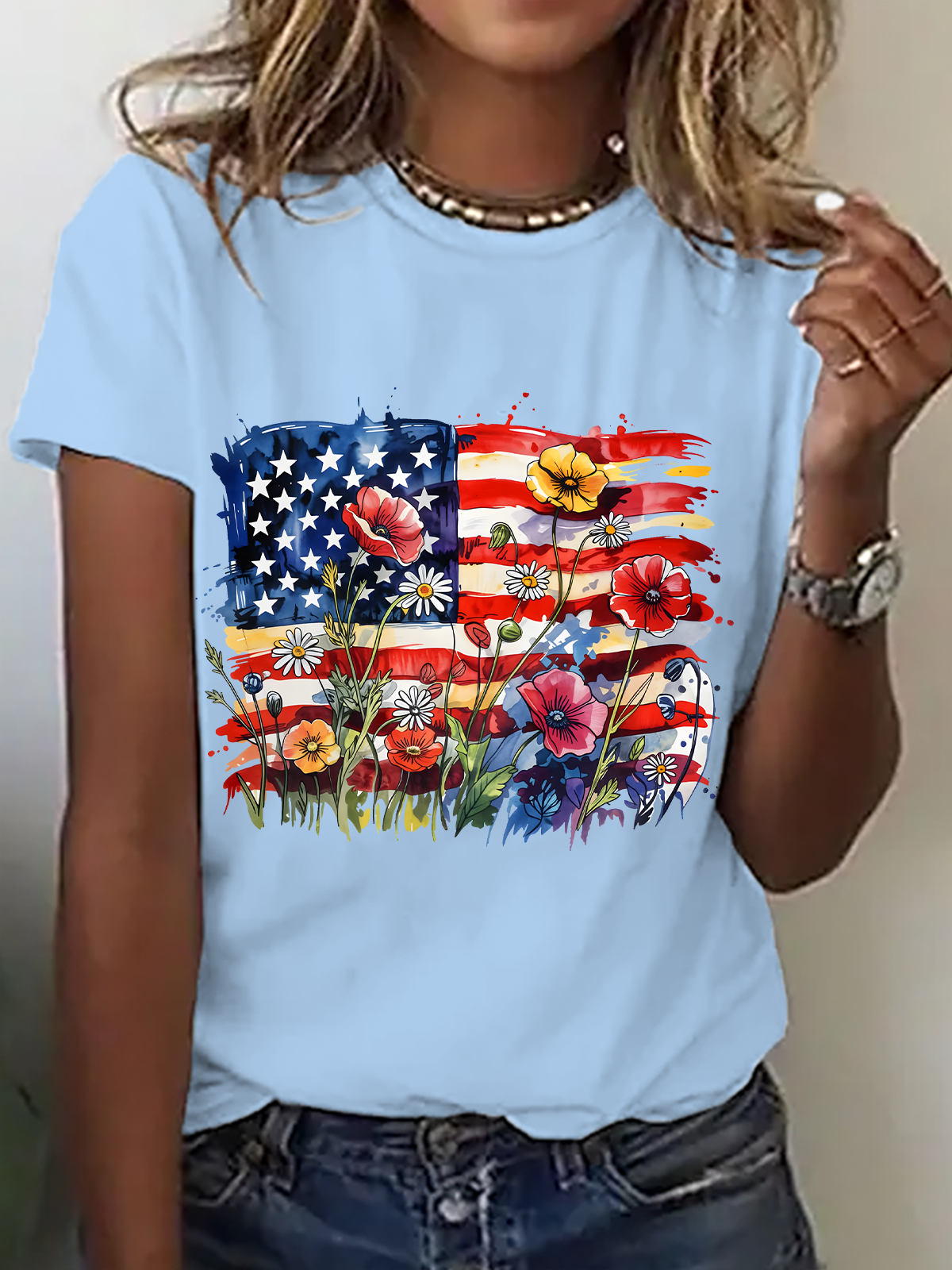 American Flag Floral Cotton T-Shirt