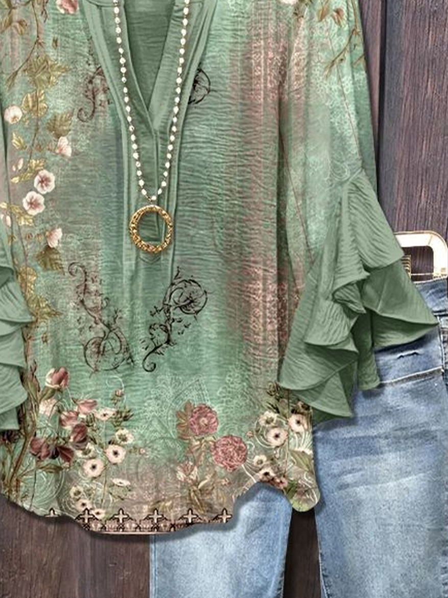 Women's Floral Ruffle Sleeve Top
