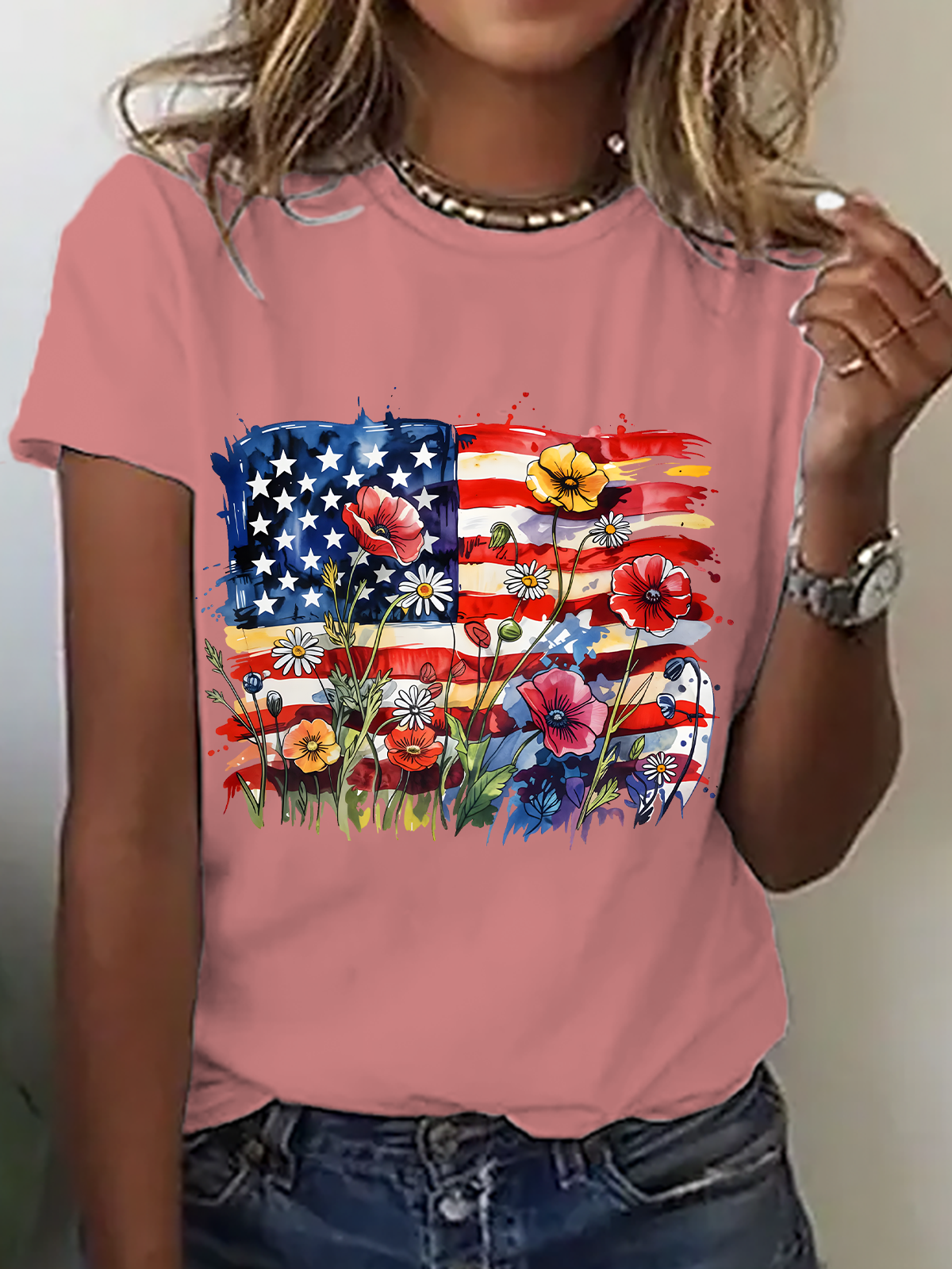 American Flag Floral Cotton T-Shirt