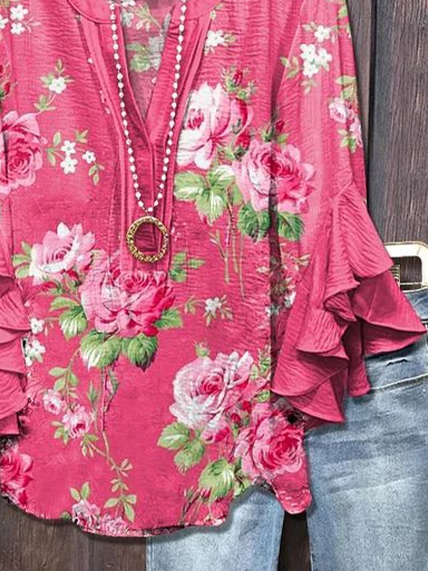 Women's Floral Ruffle Sleeve Top