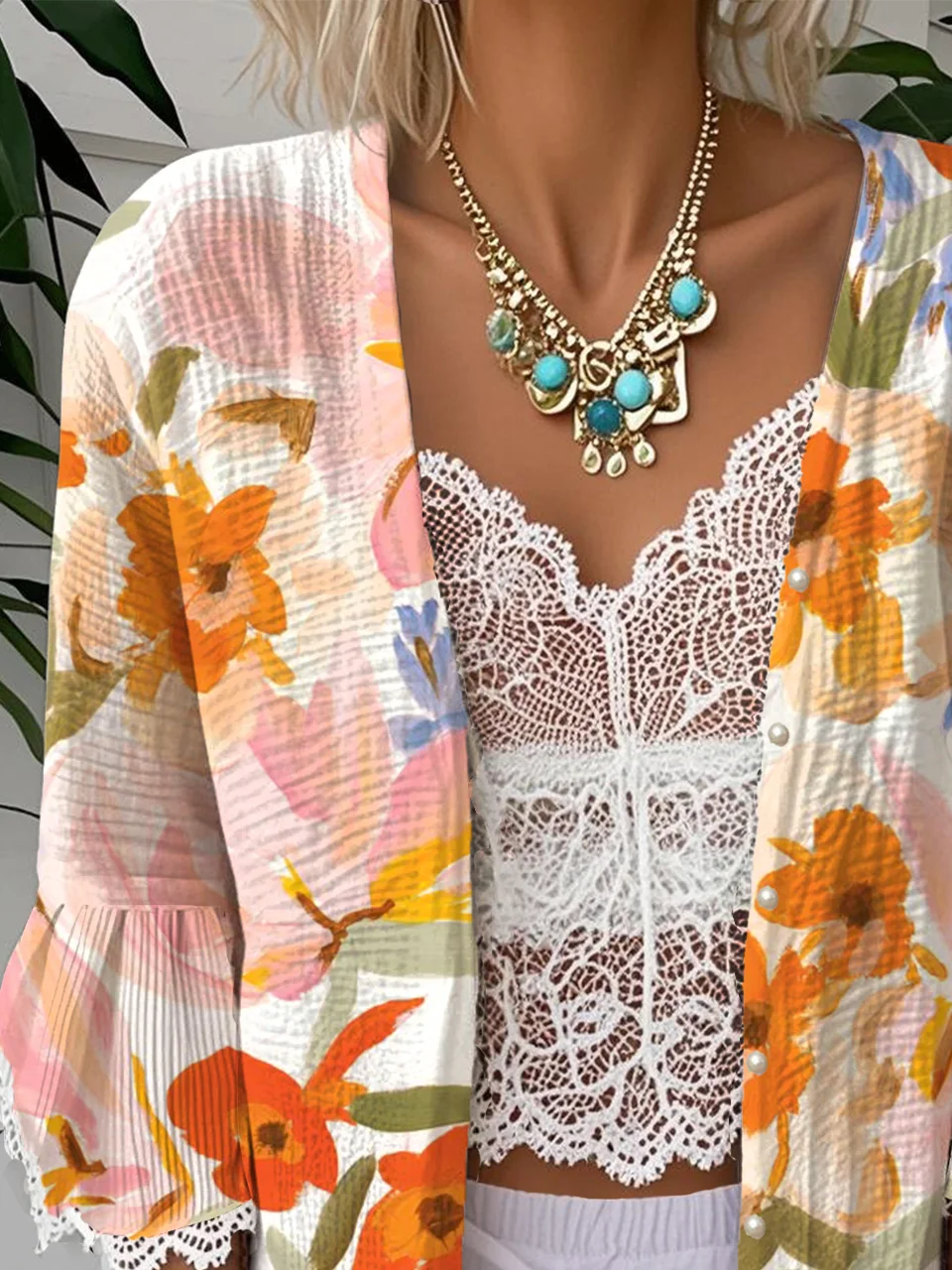 Casual 3/4 Sleeve Cotton Floral Cape Jacket