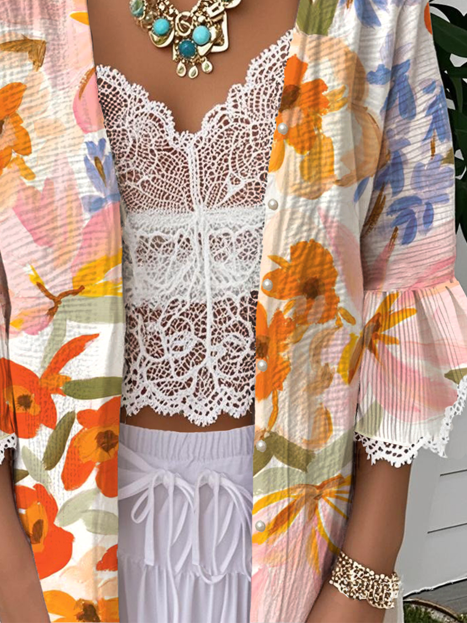 Casual 3/4 Sleeve Cotton Floral Cape Jacket