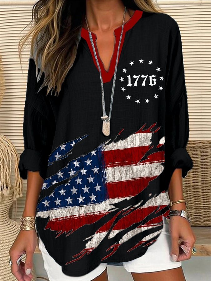 Women's Independence Day Flag Design Casual Loose V-Neck Long Sleeve Shirt