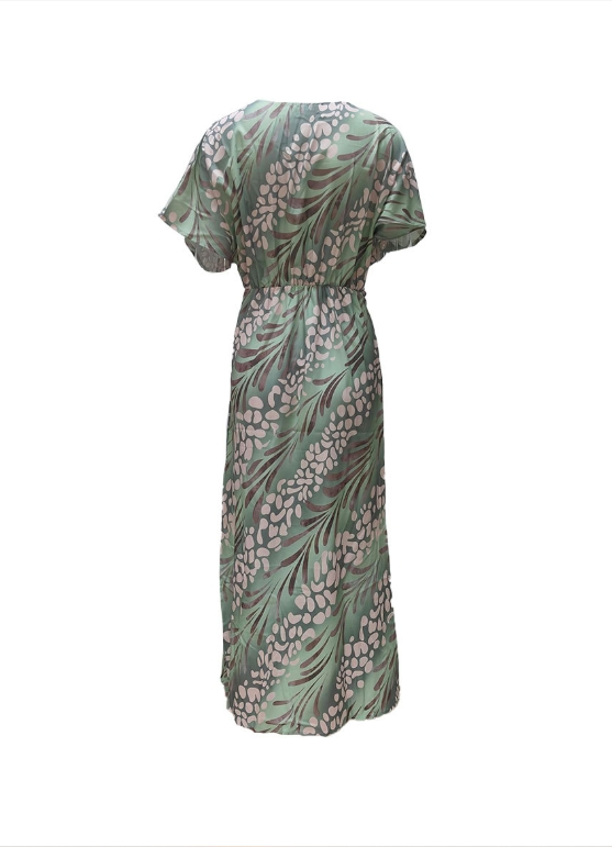 Women's Short Sleeve Summer Green Zebra Split Joint V Neck Daily Going Out Casual Maxi A-Line Hip Skirt Dress
