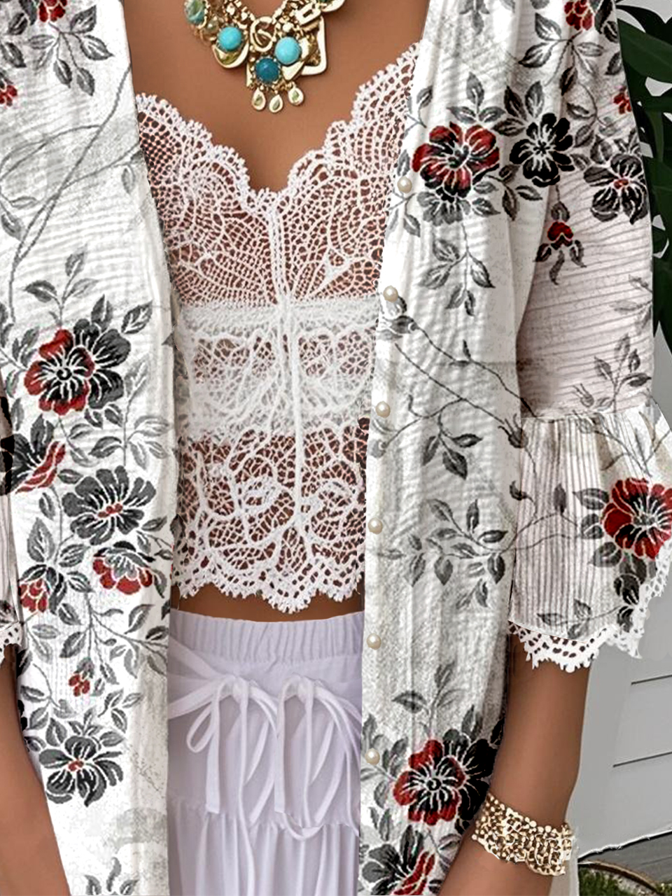 Casual 3/4 Sleeve Cotton Floral Cape Jacket