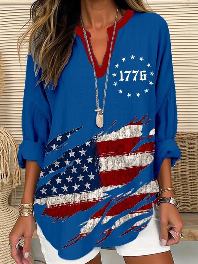 Women's Independence Day Flag Design Casual Loose V-Neck Long Sleeve Shirt