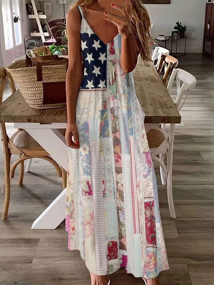 Women's Vintage Independence Day Flag Floral Patch Boho Dress