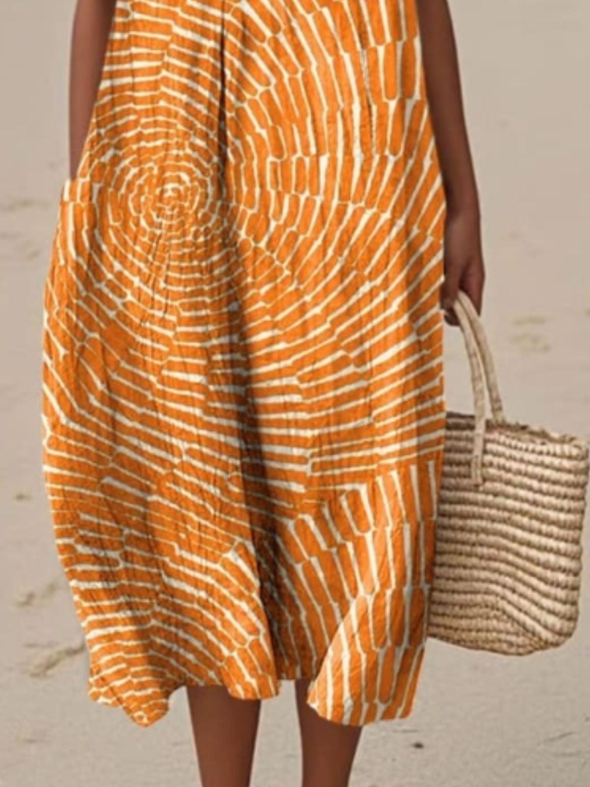 Geometric Crew Neck Cotton Simple Dress With No