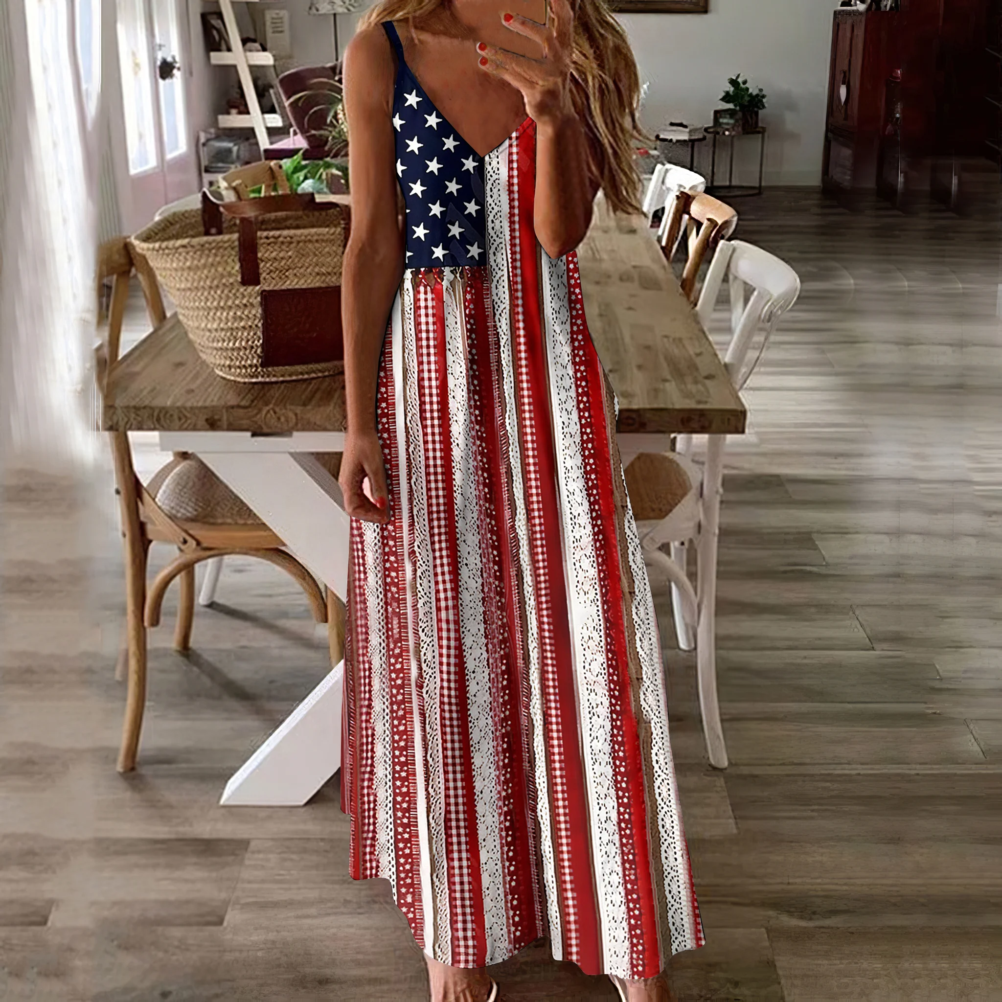Women's Vintage Independence Day Flag Floral Patch Tank Dress