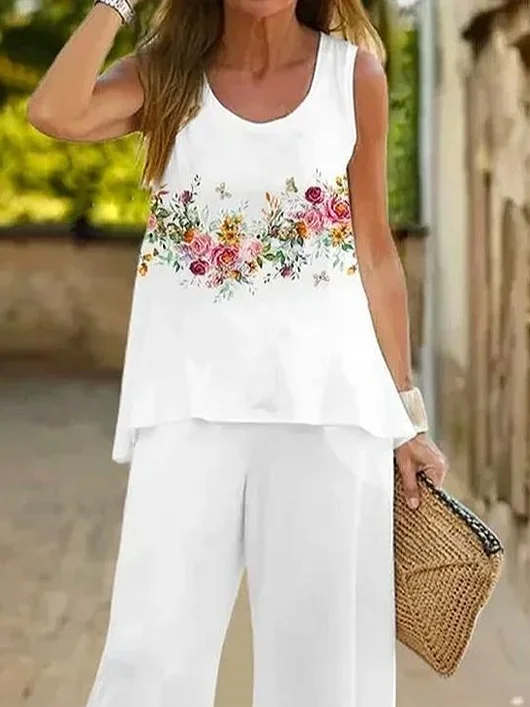 Women's Floral Print Casual Vest and Pants Two-Piece Set