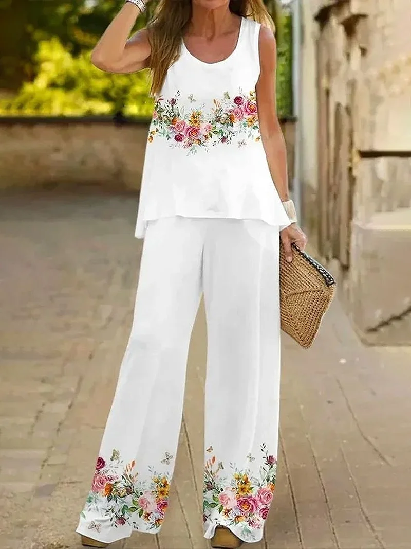 Women's Floral Print Casual Vest and Pants Two-Piece Set