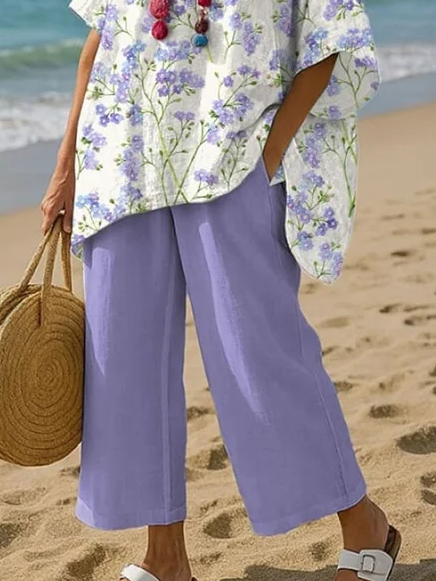 Loose Linen Blend Crew Neck Casual Two-Piece Set