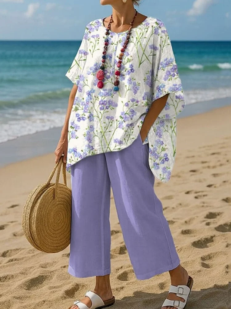 Loose Linen Blend Crew Neck Casual Two-Piece Set