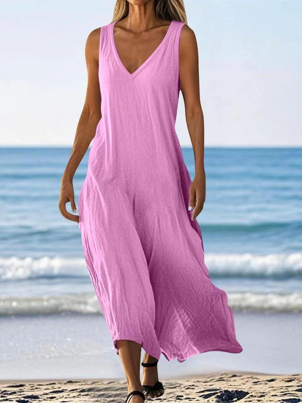 Plain Casual V Neck Dress With No