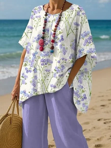 Loose Linen Blend Crew Neck Casual Two-Piece Set