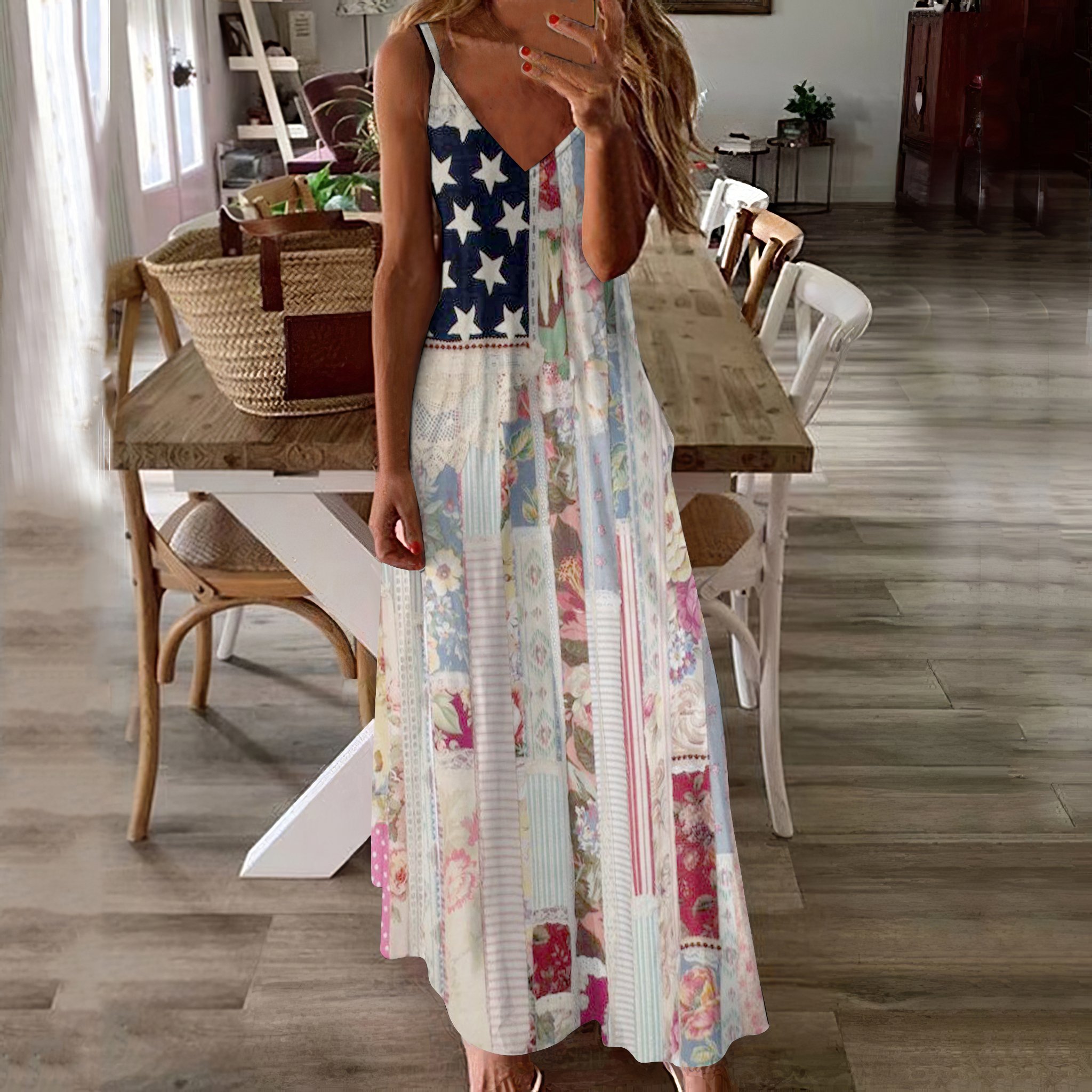 Women's Vintage Independence Day Flag Floral Patch Boho Dress