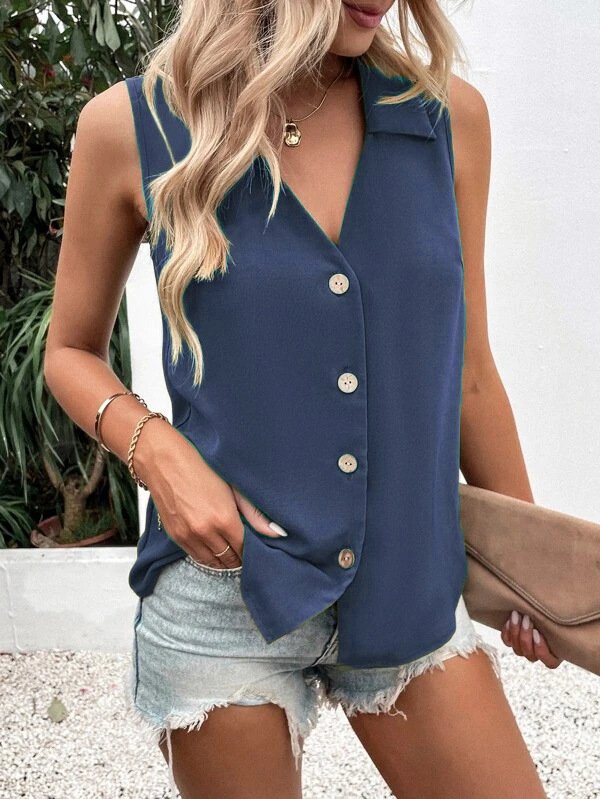 Women's Sleeveless Tank Top Summer White Plain Buckle Stand Collar Daily Going Out Simple Top