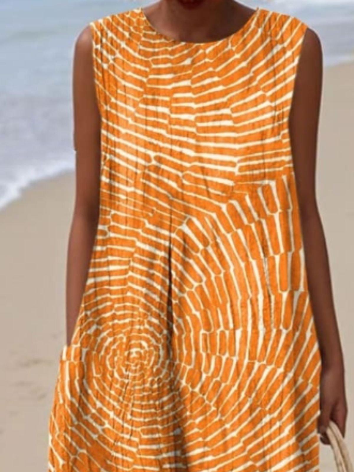 Geometric Crew Neck Cotton Simple Dress With No