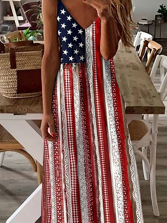 Women's Vintage Independence Day Flag Floral Patch Tank Dress