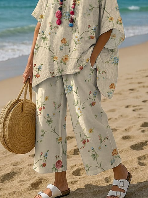 Women's Flower Print T-shirt And Pants Two Piece Set