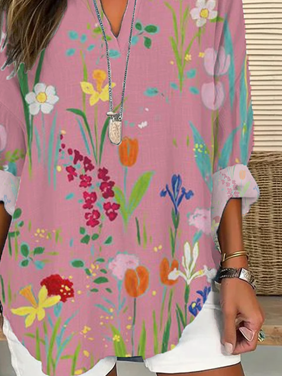 Women's Floral Print V-Neck Casual Shirt