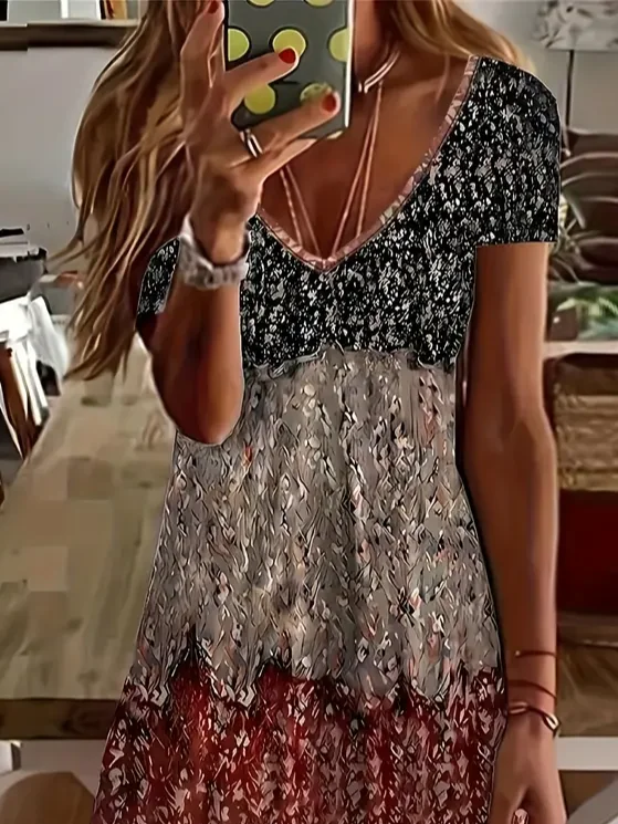 Women's Floral Print V-Neck Short Sleeve Dress