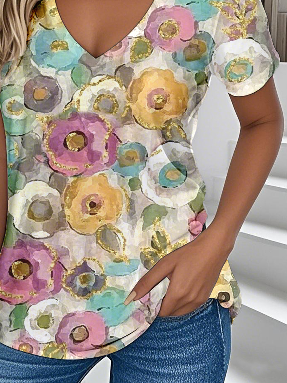 Casual Loose V Neck Jersey T-Shirt