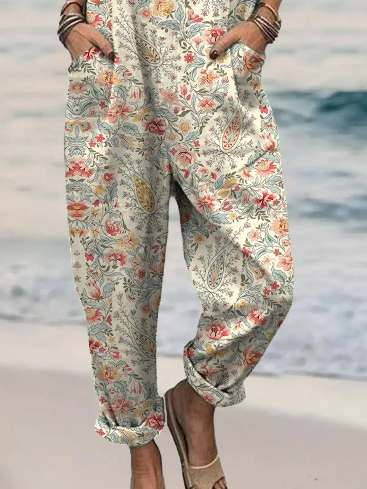 Cotton And Linen Square Neck Boho Jumpsuit