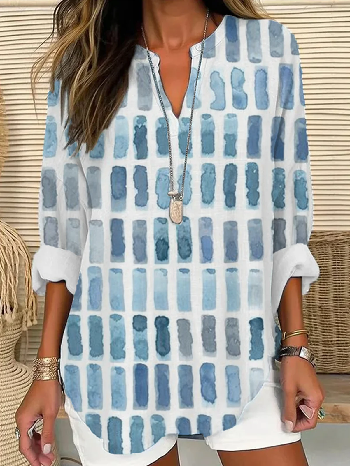 Women's Geometric Print V-Neck Casual Shirt