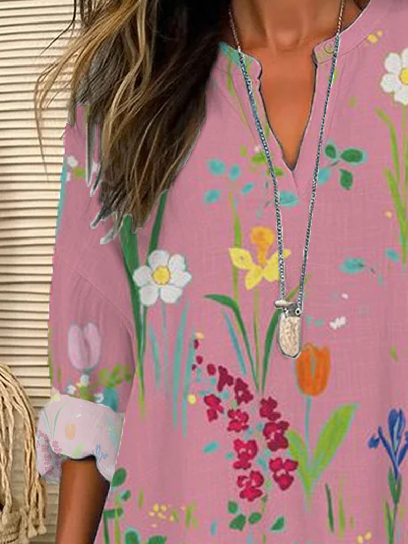 Women's Floral Print V-Neck Casual Shirt