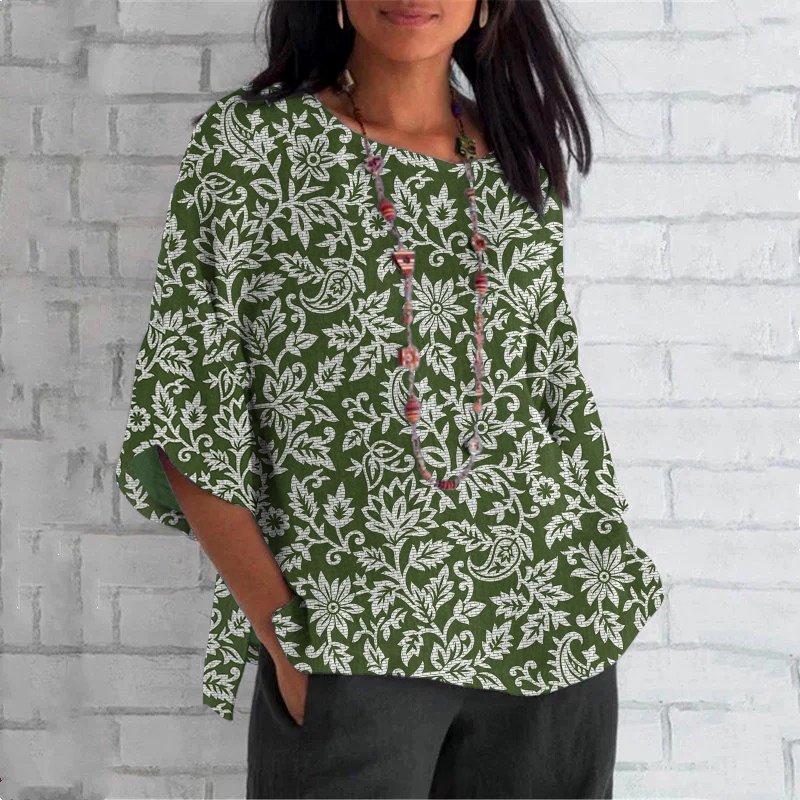 Casual Crew Neck Floral Cotton T-Shirt