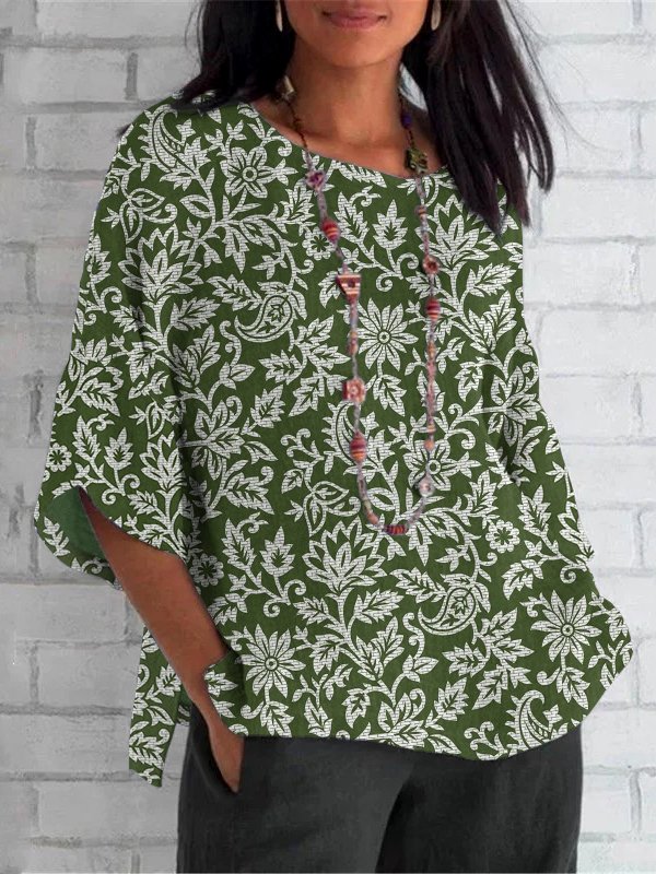 Casual Crew Neck Floral Cotton T-Shirt
