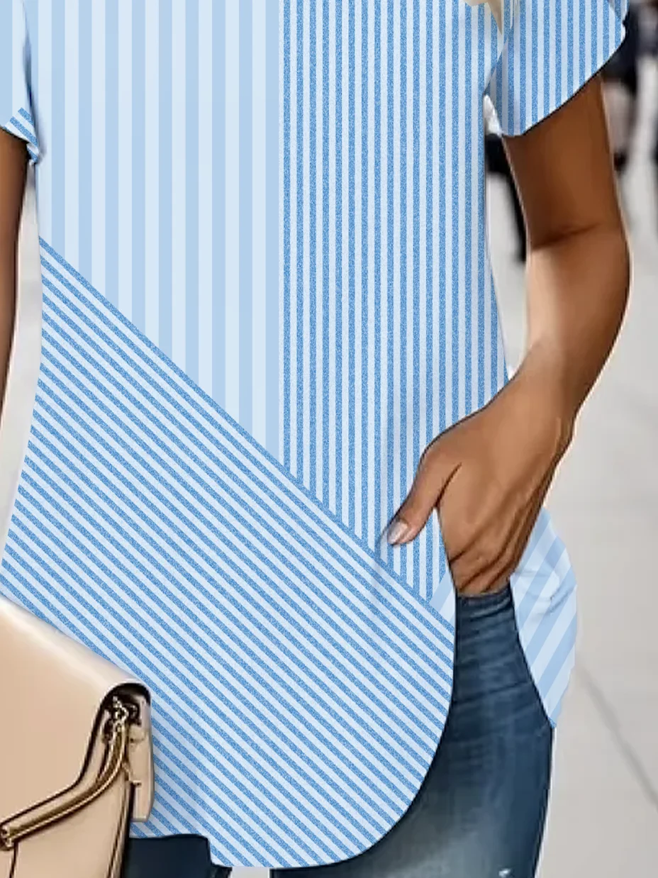 Women's Striped Print Casual V-Neck Short Sleeve T-Shirt