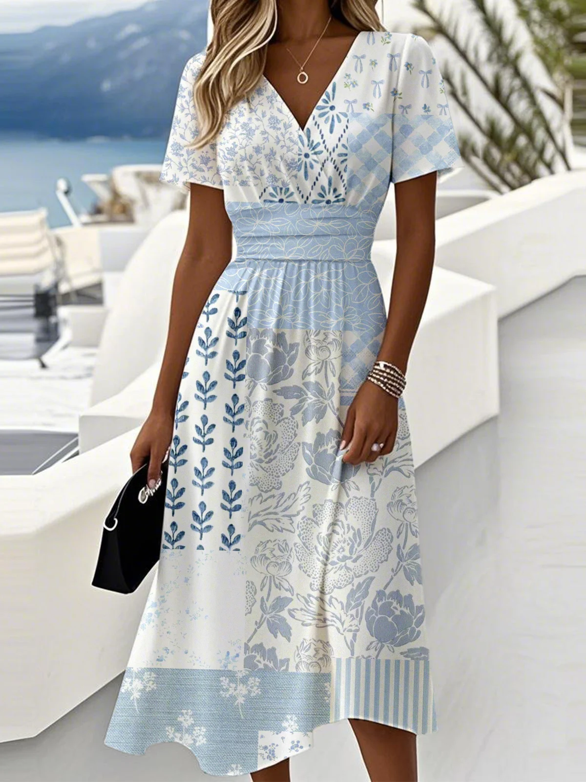 Regular Fit Striped V Neck Casual Dress With No