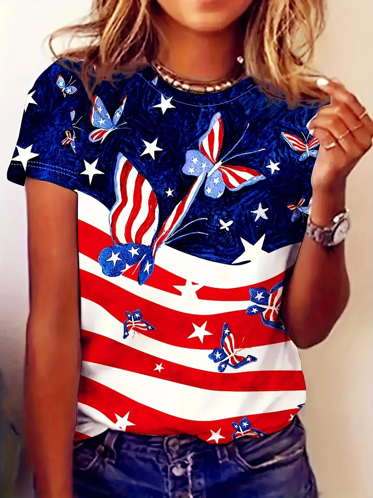 Women's Independence Day Butterfly Print Casual Round Neck Short Sleeve T-Shirt
