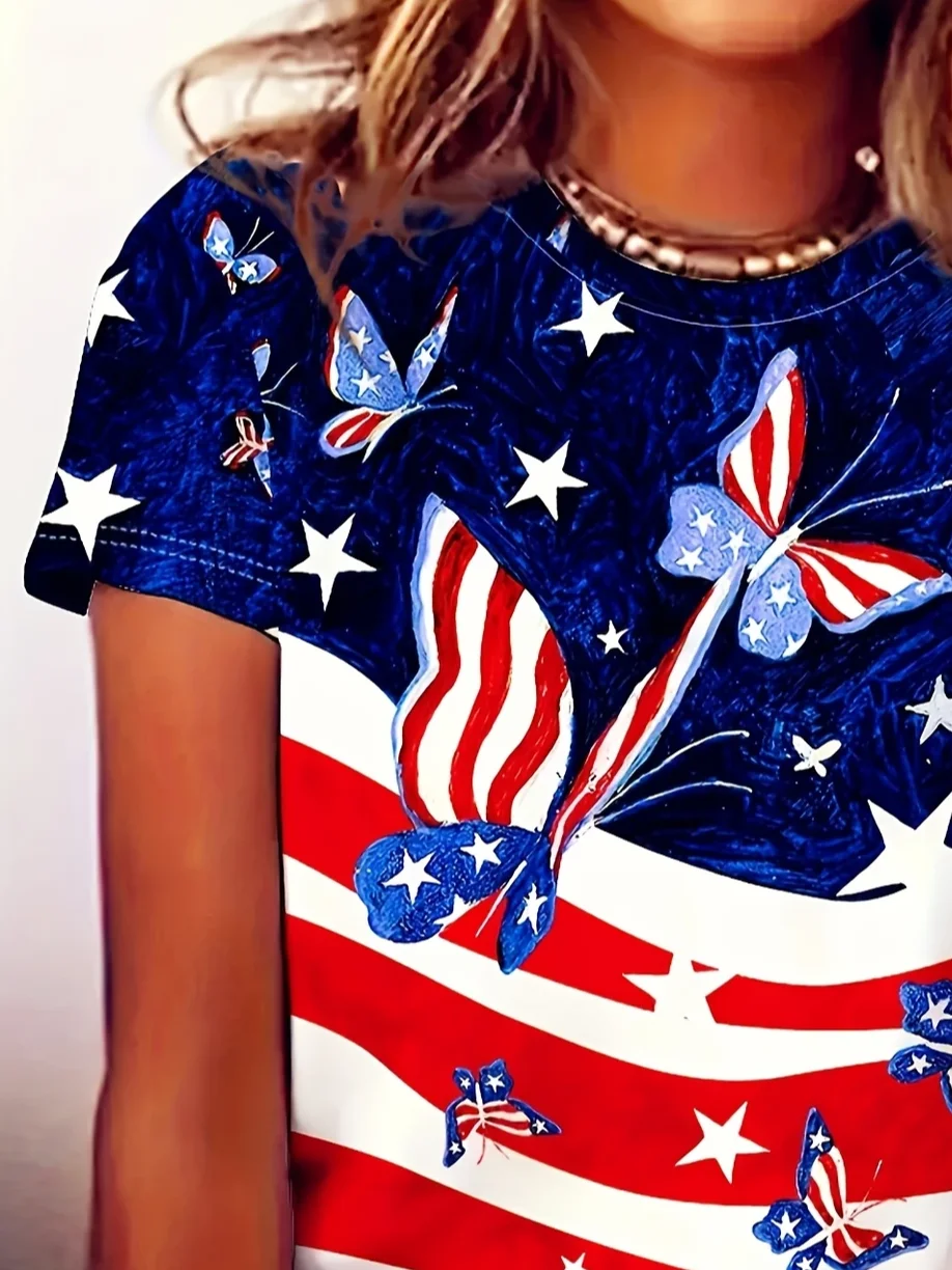 Women's Independence Day Butterfly Print Casual Round Neck Short Sleeve T-Shirt