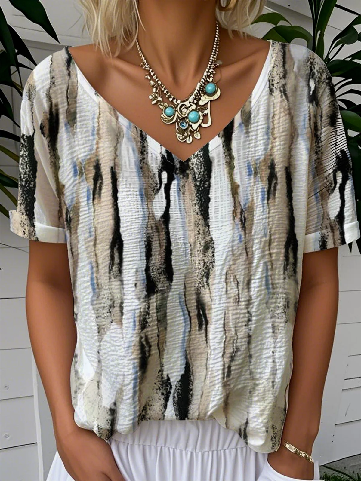 Striped Casual V Neck Loose T-Shirt
