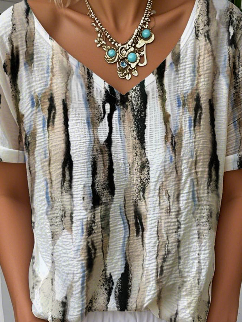Striped Casual V Neck Loose T-Shirt