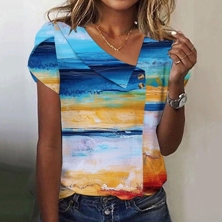 Women's Short Sleeve T-shirt Summer Color1 Geometric Buckle Asymmetrical Puff Sleeve Daily Going Out Vintage Top