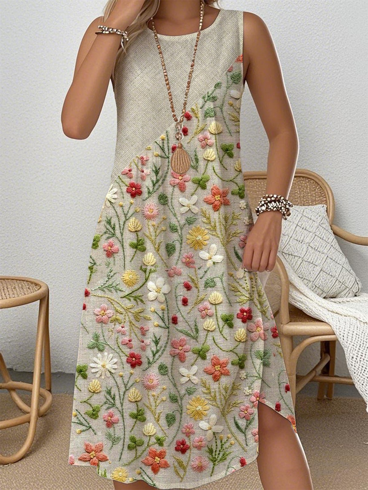 Casual Multicolor Block Crew Neck Loose Dress