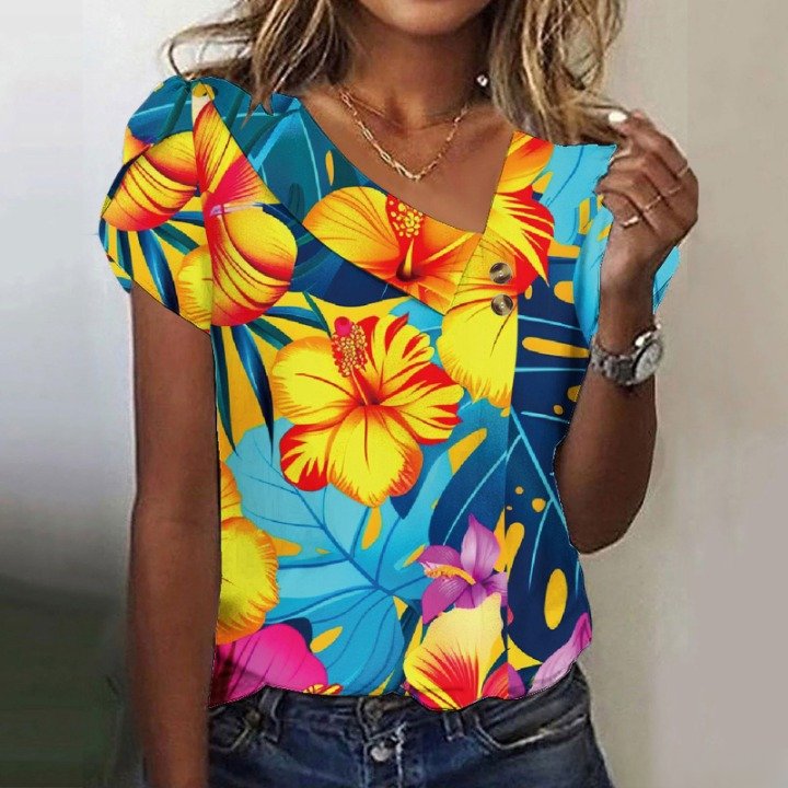 Women's Short Sleeve T-shirt Summer Color1 Geometric Buckle Asymmetrical Puff Sleeve Daily Going Out Vintage Top