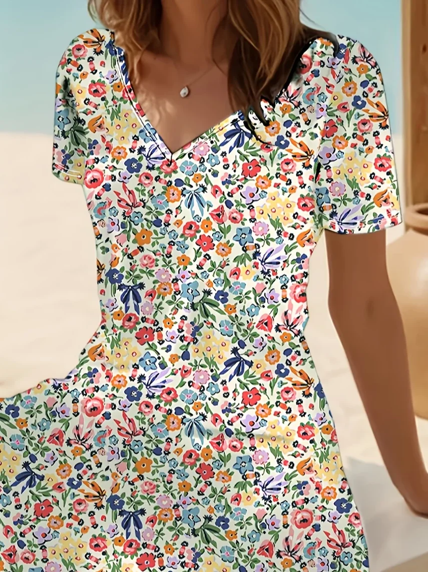 Women's Floral Print Casual V-Neck Short Sleeve Dress