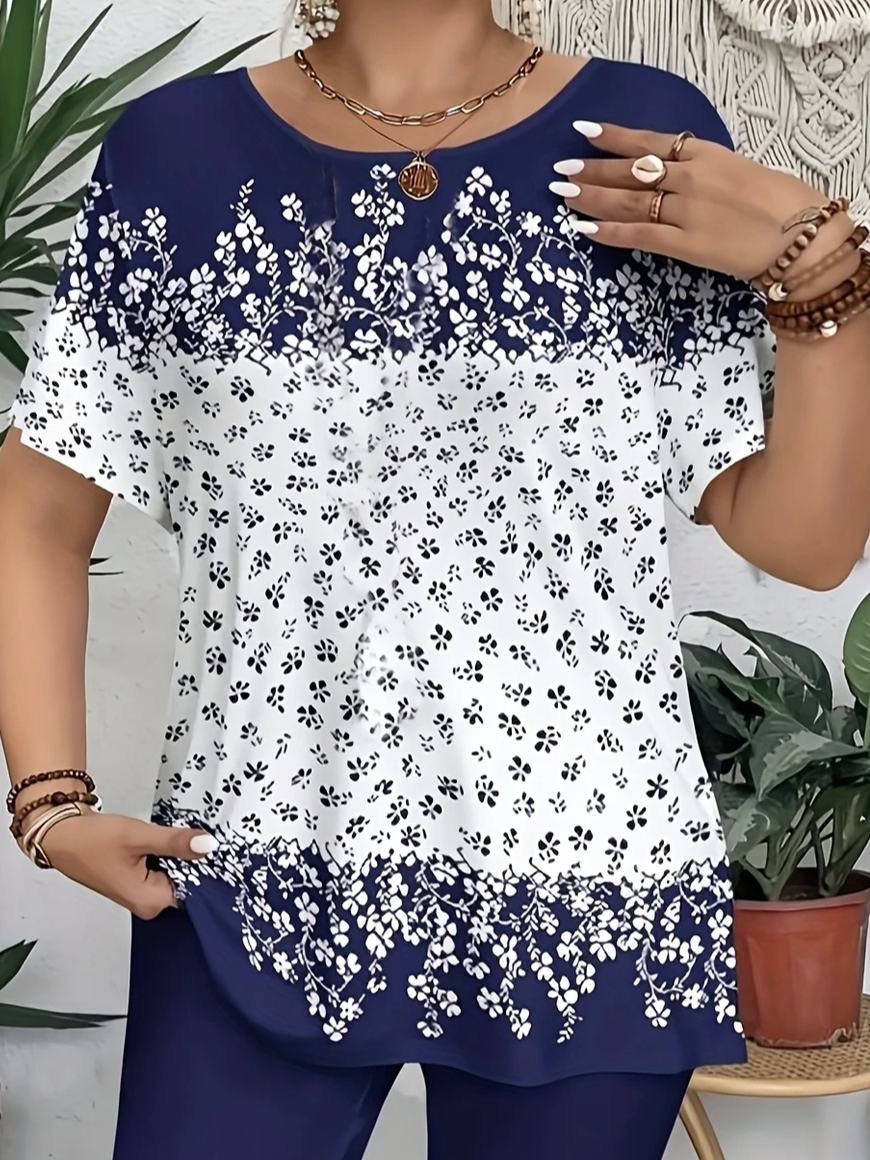 Women's Floral Print Casual Crew Neck Short Sleeve T-Shirt