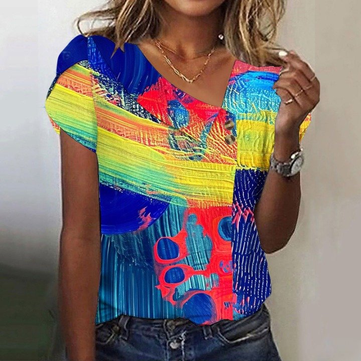 Women's Short Sleeve T-shirt Summer Color1 Geometric Buckle Asymmetrical Puff Sleeve Daily Going Out Vintage Top