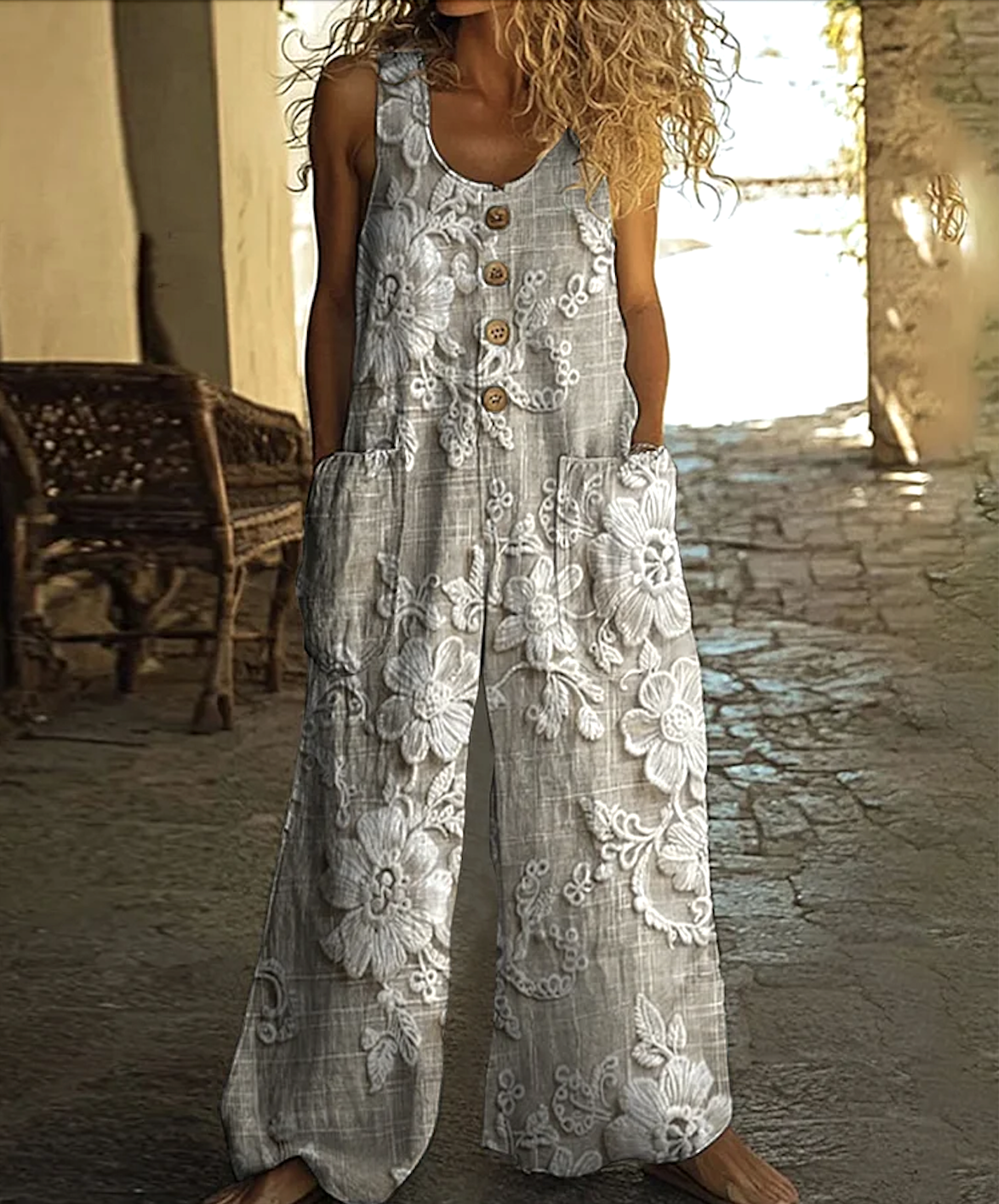 Linen Crew Neck Casual Plain Jumpsuit