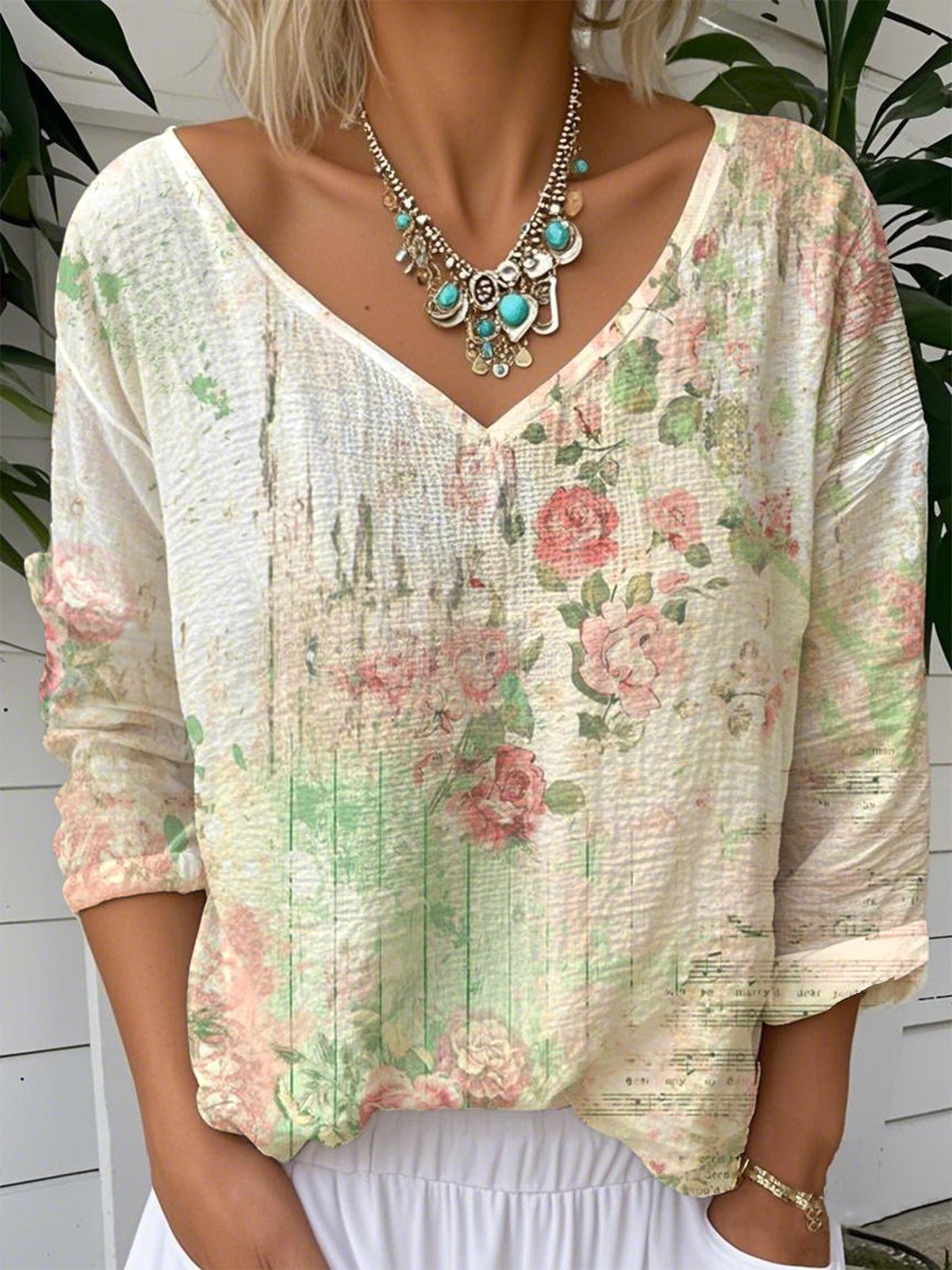 V Neck Casual Loose Gradient Pattern T-Shirt