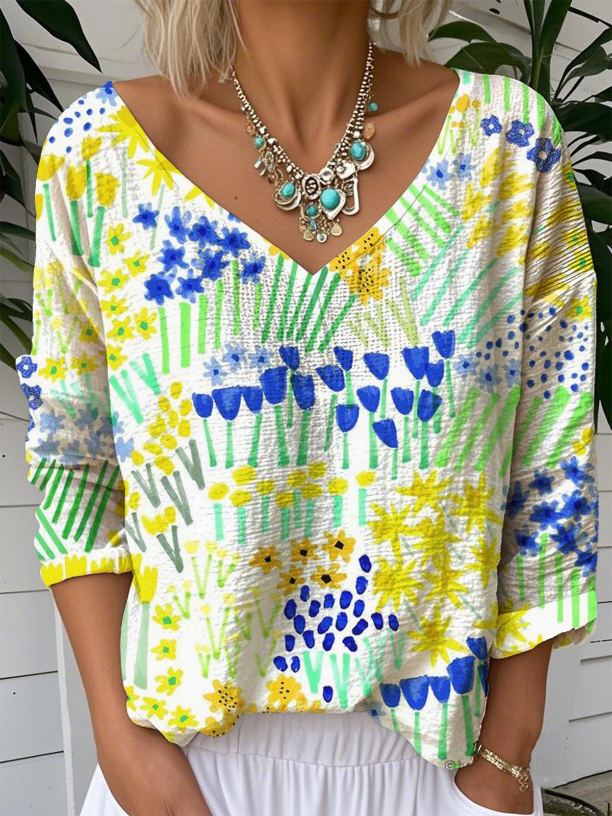V Neck Floral Casual Loose T-Shirt