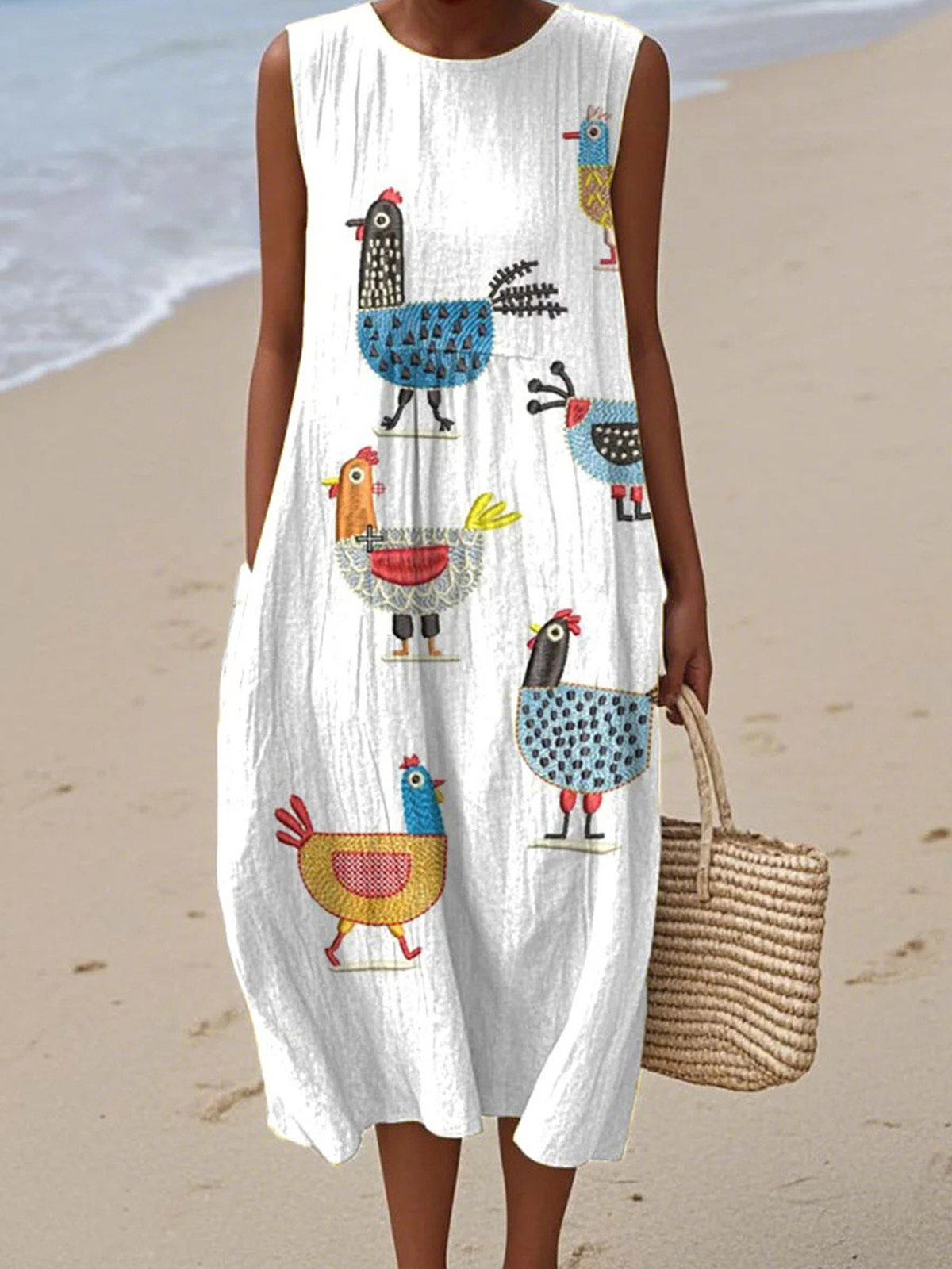 Casual Crew Neck Cotton Dress With No